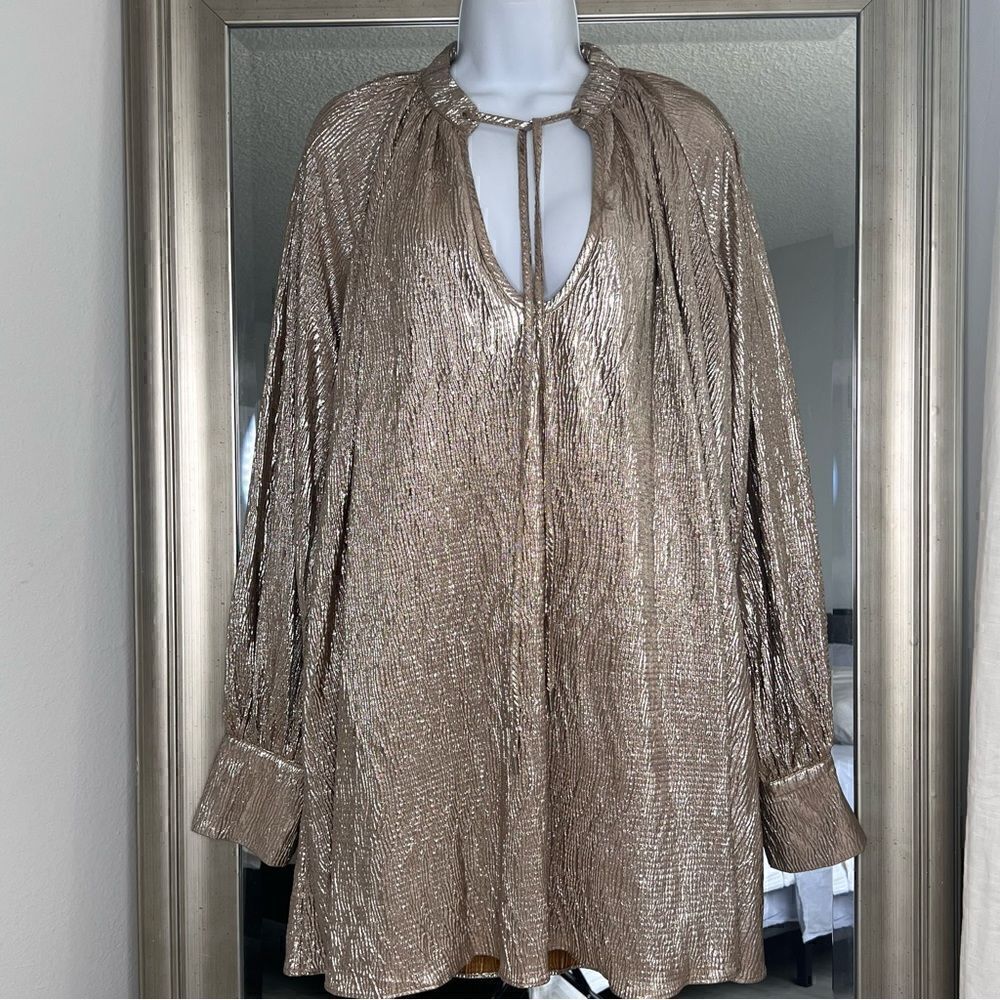 SKY Lar Rose Metallic Tan Gold Mini Dress V-Neck Long Sleeves With Button Cuffs
